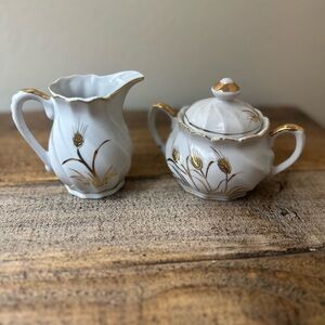 Lefton White and Gold Creamer and Sugar Set with Wheat embossed gold art